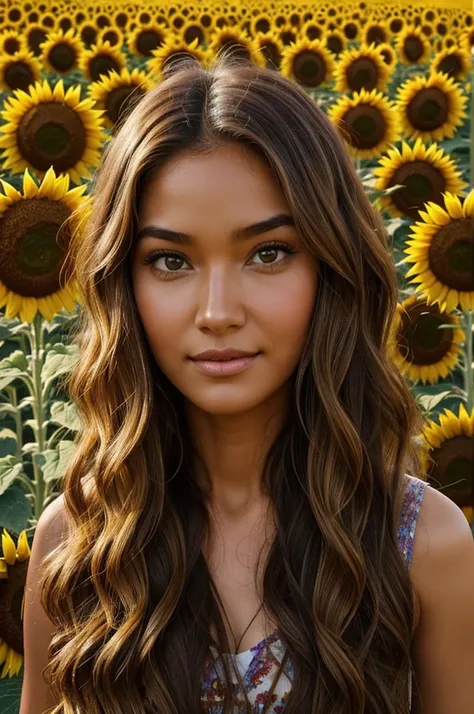 Pixar style woman, long hair, wavy, brown coffee, honey eyes in sunflower field