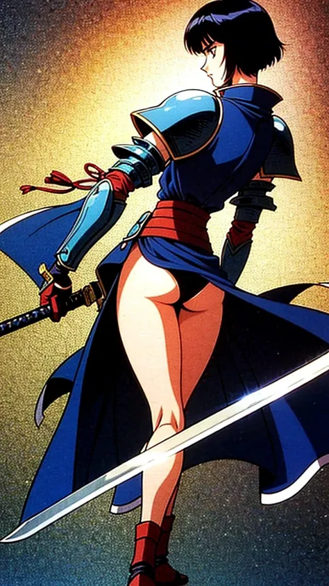 a strong and tall woman short-headed black swordsman wearing samurai armor from the front and back with a sword with the blade broken in half