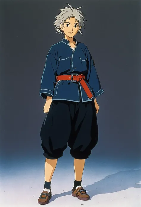 A Ghiblis studio character. With messy bicolor  hair and dark large clothes. Her belt is large and hold some knife 