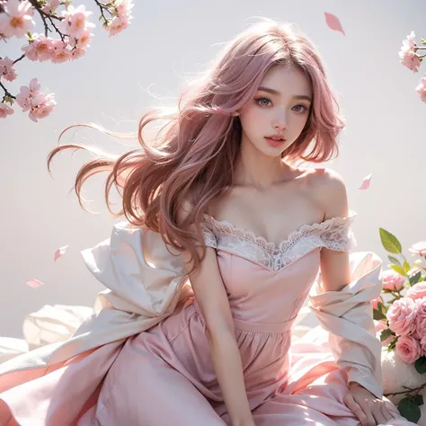 Light pink hair, pink eyes, pink and white, sakura leafs, vivid colors, white dress, paint splash, simple background, ray tracing, wavy hair