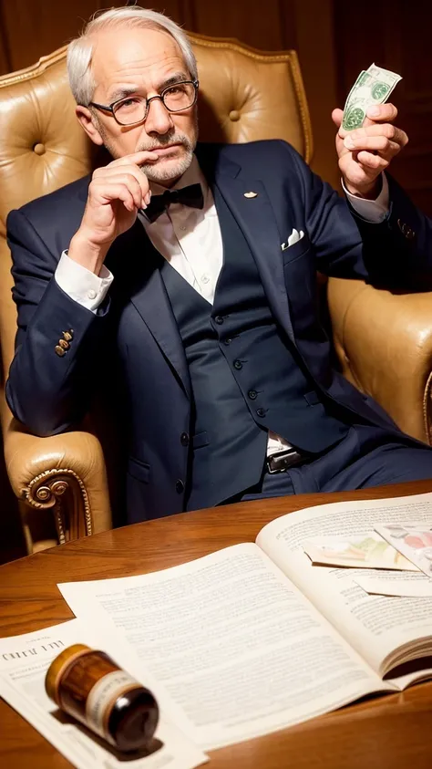 rich man aged between 50 and 60 years old, sitting in an armchair, and some wad of money holding a glass of whiskey, wearing suit