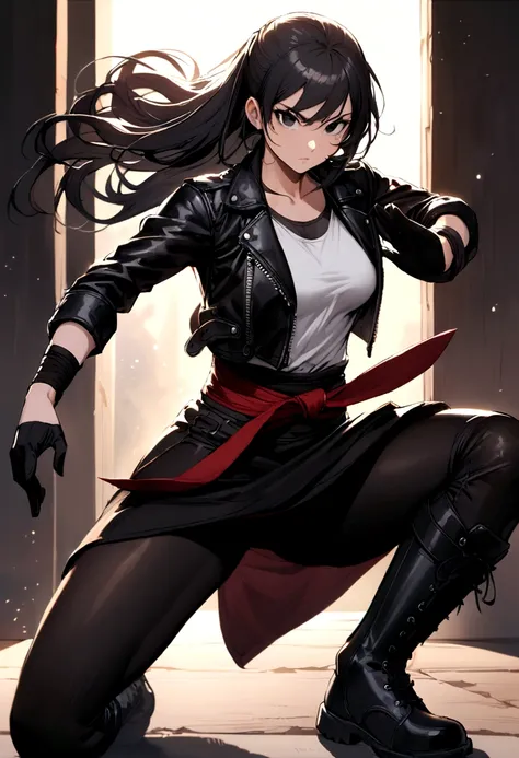 Female martial arts fighter with beautiful appearance and with long black hair and black eyes wearing skirt and undershirt and leather jacket and black gloves and combat boots