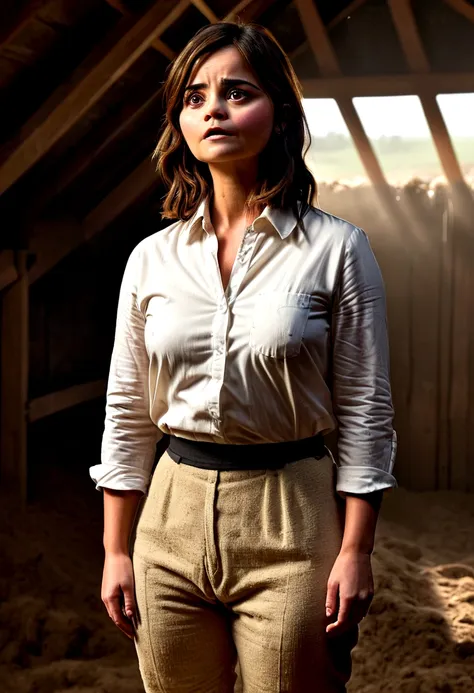 ((jenna coleman)), (very slender figure), stands in the hayloft, ((helpless)), ((sad)), ((tears in the eyes))), (small head), ((...