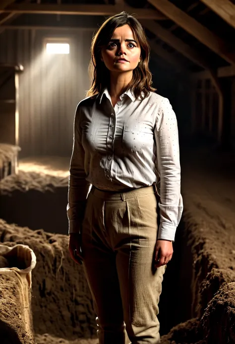 ((jenna coleman)), (very slender figure), stands in the hayloft, ((helpless)), ((sad)), ((tears in the eyes))), (small head), ((...