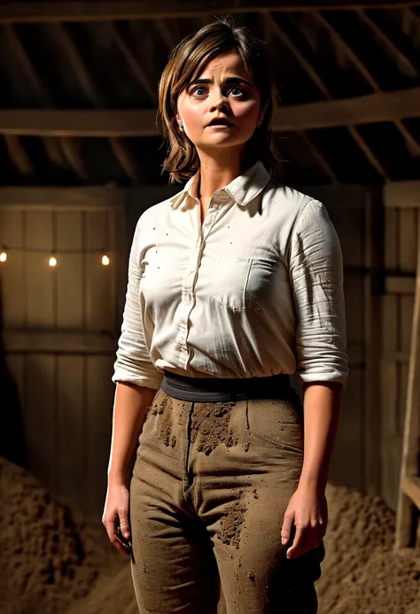 ((jenna coleman)), (very slender figure), stands in the hayloft, ((helpless)), ((sad)), ((tears in the eyes))), (small head), ((...