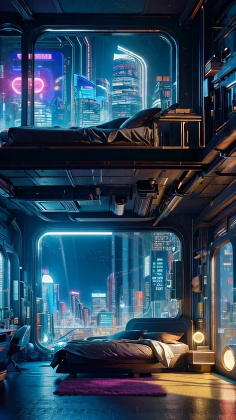 ((masterpiece)), (ultra-detailed), (intricate details), (high resolution CGI artwork 8k), Create an image of a retro futuristic cyberpunk bedroom. One of the walls should feature a big window with a busy, colorful, and detailed cyberpunk cityscape. Futuris...