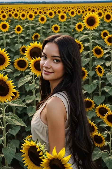 Pixar style woman, long dark hair, sunflower field