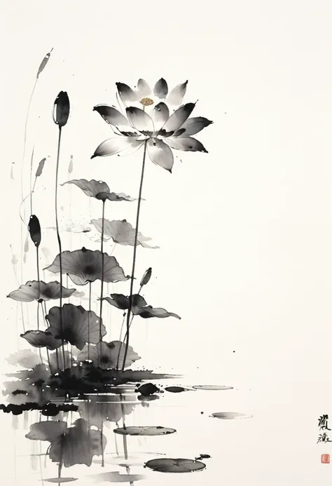 中国黑白ink painting,lotus, water reflection, monochrome, ink painting, artistic brushstrokes, nature theme, flower arrangement, pea...