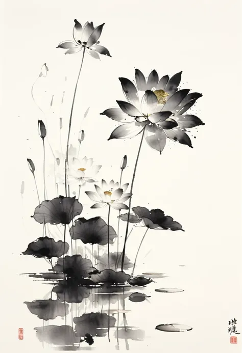 中国黑白ink painting,lotus, water reflection, monochrome, ink painting, artistic brushstrokes, nature theme, flower arrangement, pea...