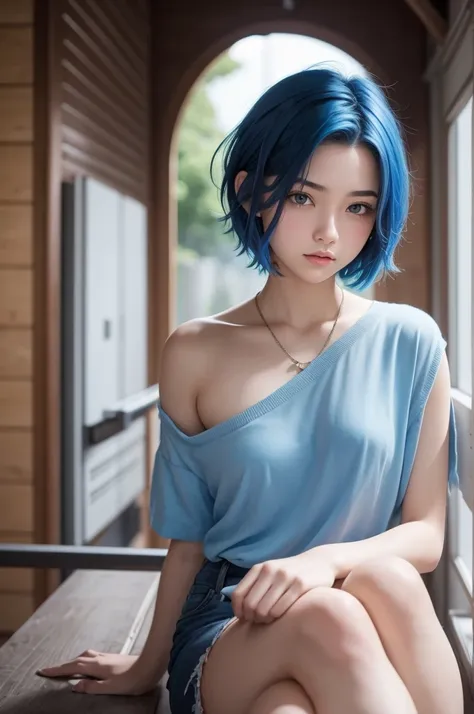 An 18 year old with short blue hair.