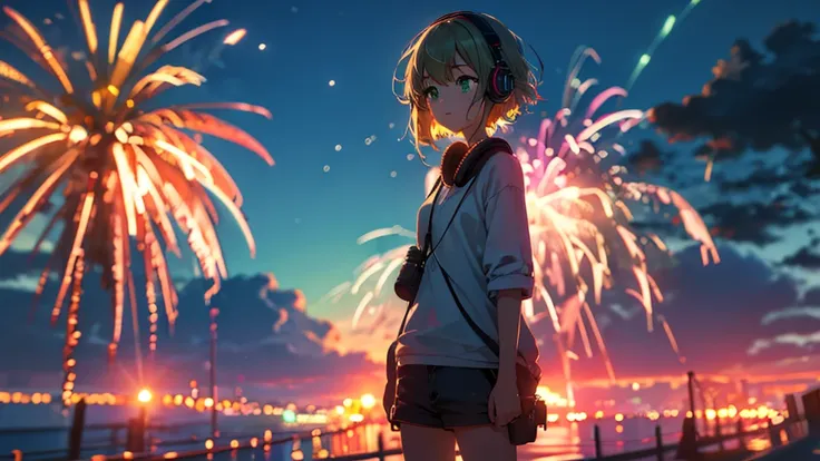 Highest quality,Ultra-high resolution,One girl,alone,whole body,summer, Shortcuts,Green Eyes,Emotional,Headphones,Fireworks are set off,night