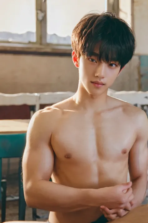 2 persons, 18 year old, muscular man, korean, topless, wearing white jockstrap, sexy, soft light, Masterpiece, best quality, photo realistic, Zoom in for a close-up, classroom.