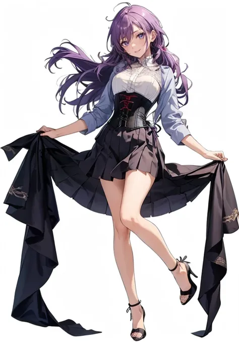 ((perfect face)),purple hair,adult female,white shirt,((shirt with rolled up sleeves)),(((roll up your sleeves))),((corset)),sho...