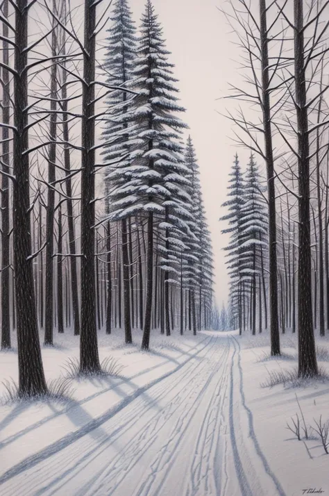 a pencil drawing on a small canvas of a snowy forest passage and dusk 