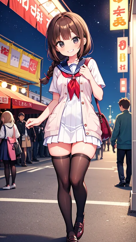 {Highest quality], [Super beautiful], [Ultra fine], [Best illustration], NSFW,Brown Hair,Hime cut,Braid,Clear,With bangs, girl,Sailor suit,knit cardigan,Short sleeve,skirt,Slender women,walk,(Public),Night Park,Summer festival,diagonal,black tights,Black l...