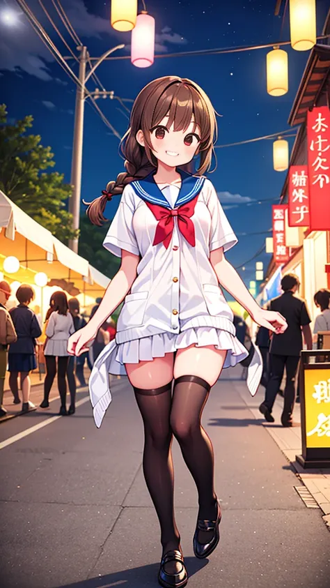 {Highest quality], [Super beautiful], [Ultra fine], [Best illustration], NSFW,Brown Hair,Hime cut,Braid,Clear,With bangs, girl,Sailor suit,knit cardigan,Short sleeve,skirt,Slender women,walk,(Public),Night Park,Summer festival,diagonal,black tights,Black l...