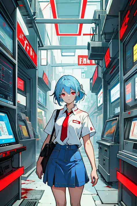 Girl sky blue hair red eyes blood white shirt denim skirt full of glitches and error screens