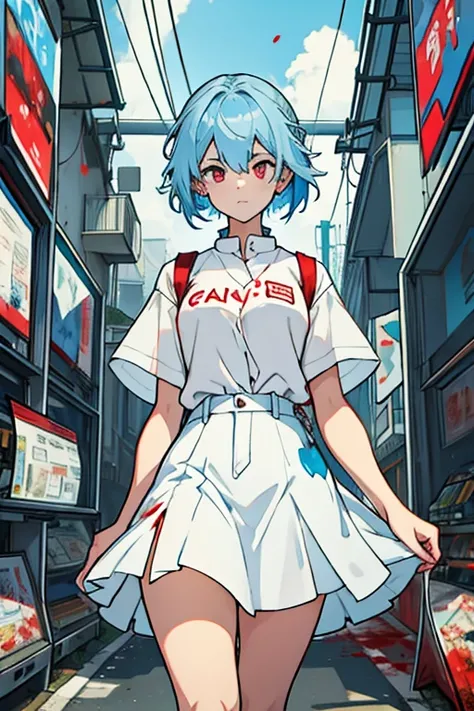 Girl sky blue hair red eyes blood white shirt denim skirt full of glitches and error screens