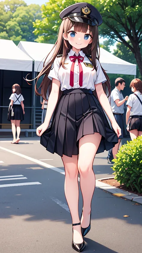 {Highest quality], [Super beautiful], [Ultra fine], [Best illustration], NSFW, Brown Hair, Hime cut, Long Hair, With bangs, girl, Uniform cap, Security uniform, smile, blush, Slender women, Short sleeve, Long straight skirt, Adult women, walk, (Public) Nig...