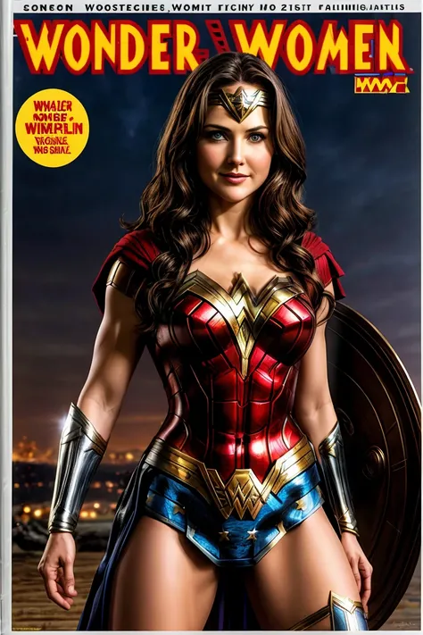 a woman in a costume is posing on a comic book cover by w. scott forbes with no title, full body photo((full body photo)), smirking smile, wonder woman, portrait of wonder woman, hybrid of lucy lawless and linda carter, photo of the beauty lucy lawless and...