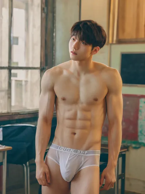 full body, 1 person, 18 year old, muscular man, korean, topless, wearing white jockstrap, sexy, soft light, Masterpiece, best quality, photo realistic, classroom.