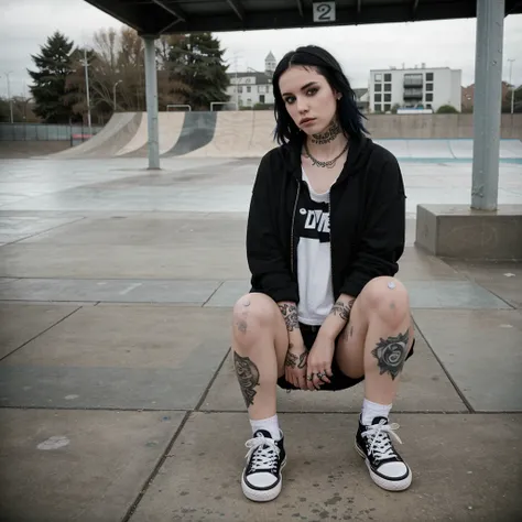 White, 1 girl, black hair, blue eyes, 1. Emo girl, Skatepark, Pose, Urban, Alternative fashion, Piercings, Tattoos, Dark makeup, Moody, Converse. 