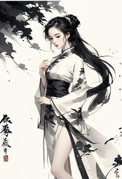 artistic ink painting，three-dimensional ink painting，minimalism，minimalist graphics，minimal art，chinese anime girls，whole body，c...