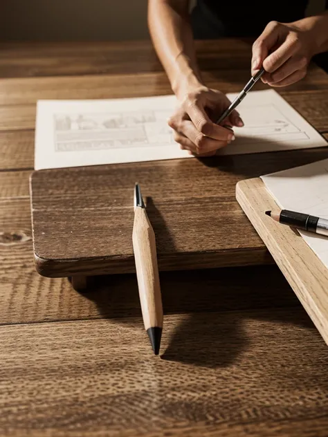 Detailed photograph of a pencil drawing on a wooden table 