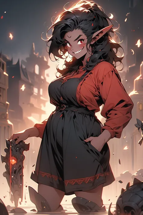 1girl, goblin girl, shortstack, plump, black hair, evil grin, sharp teeth, red skin