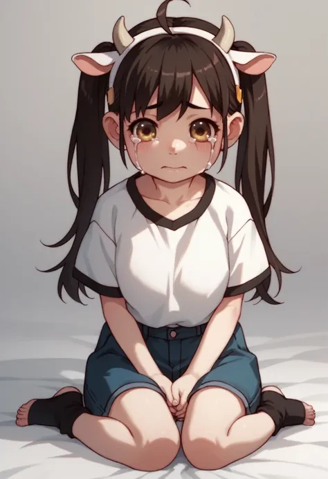 a young girl (brown,pigtails,child), sitting in daycare, crying as her cute clothes rip because of her gigantic round breast, cow horns on head