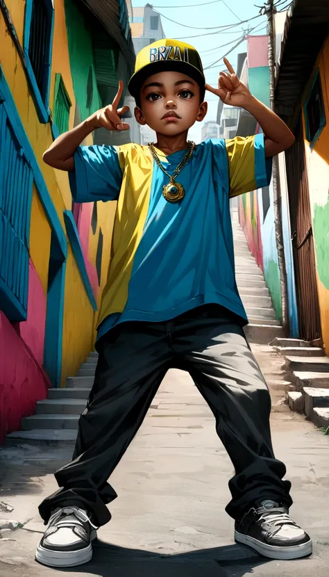 Little boy wearing snapback hat , and gold hip hop chain with pendant "84", pose ,hyper realist, colors of brazil in the favela