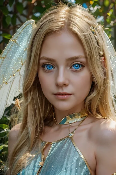 a fairy with transparent wings, with long golden hair and large light blue eyes, she has numerous sparkles in her eyes. She had golden hair, bright eyes and transparent wings that sparkled like diamonds.