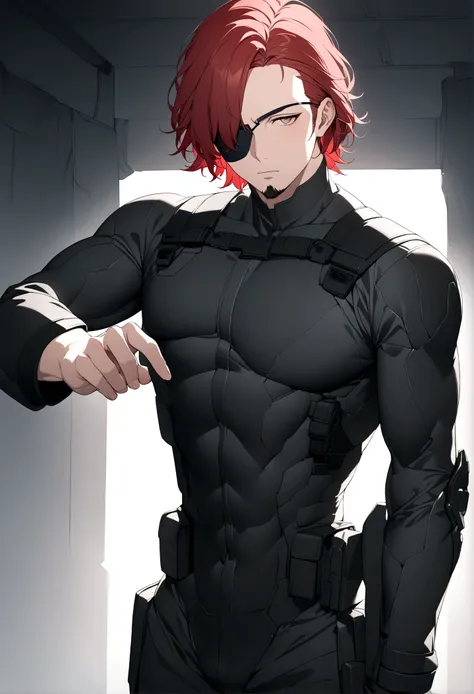 (masterpiece, 32k, 8k, cgi) man, 34 years old, red hair, brown eyes, eye patch over one eye, cyberpunk hair, black Swat uniform, black goatee, face with masculine features, thin body, image without bottom