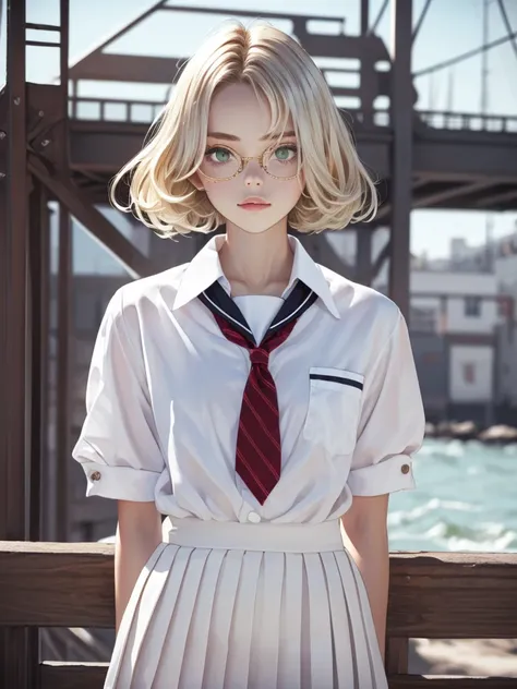 1girl, elegant bearing, small, slender build, short height, narrow shoulders, pale skin dotted by freckles, short platinum blonde hair, (((choppy hair))), (((boyish hair))), (dark green eyes), silver glasses, cute facial features with an underlying eleganc...