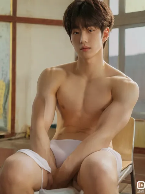 full body, 1 person, 18 year old, muscular man, korean, topless, wearing white jockstrap, sexy, soft light, Masterpiece, best quality, photo realistic, sit, classroom.