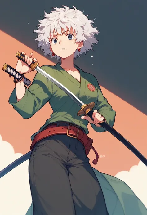 A Ghiblis studio character. With messy white  hair and dark large clothes. Her belt is large and hold some katana 