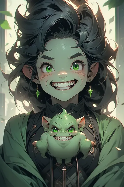 1girl, goblin girl, shortstack, plump, black hair, evil grin, sharp teeth, green skin