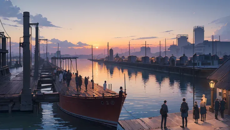 (masterpiece:1.5), (best quality:1.5), (extremely detailed:1.5), port, (sailing port), (industrial era:1.5), (people on line:1.5), line on dock, old dock, ((people waiting on dock)), water, sunet, sunset color, dark blue water, (view on sea), sunset color,...