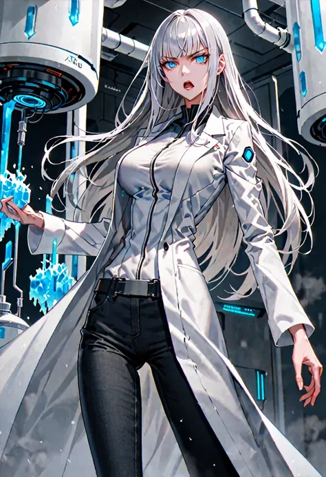 female, silver hair, long hair, straight bangs, large breasts, serious, white lab coat, blue eyes, cryogenic lab, blouse, black ...