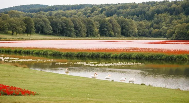 ((Best Quality)), forest/ cottagecore park next to a lake with swans and many flowers in ( horizontal image) that you can see more grass and the lake from afar THAT there are swans that there is more grass ahead, and BEHIND is the lake and swans, a little ...