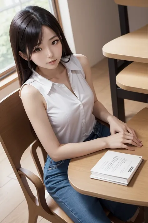 An anime-style Japanese woman with soft body lines, sitting in a chair, tilting her torso at about 70 degrees at the table, wearing a sleeveless shirt