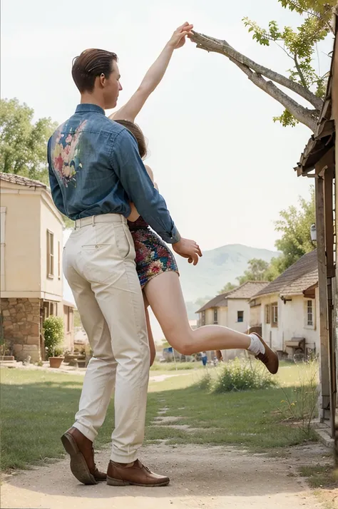 watercolor drawing in Retro-Look, rural saxones village, man and woman dance, full body shot, in the style of classic Americana, white background, Andrew Loomis style, Masterpiece work of art,