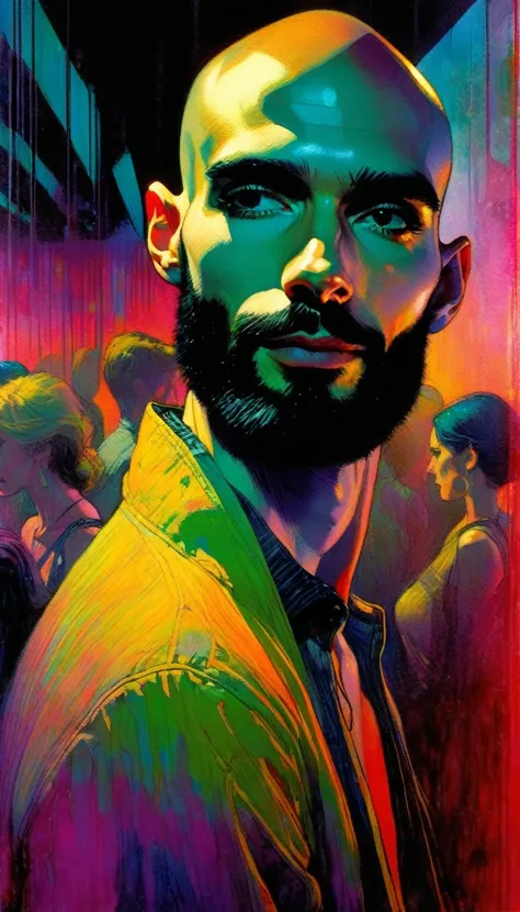 very thin young man, bald and with a black beard, alone, in a club, full of women and men, work inspired by Bill Sienkiewicz, vivid colors, intricate details, oil.
