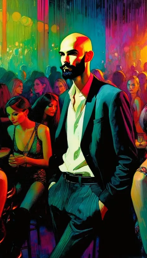 very thin young man, bald and with a black beard, alone, in a club, full of women and men, work inspired by Bill Sienkiewicz, vivid colors, intricate details, oil.
