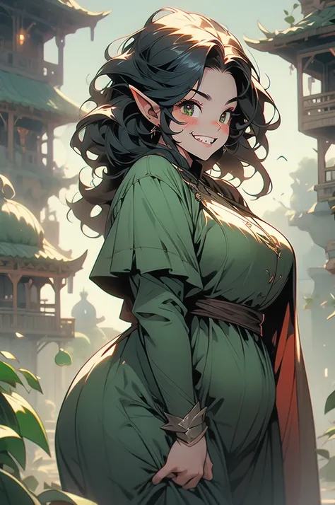 1girl, goblin girl, shortstack, plump, black hair, evil grin, sharp teeth, green skin