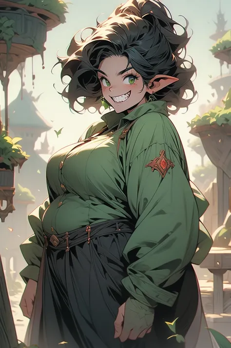 1girl, goblin girl, shortstack, plump, black hair, evil grin, sharp teeth, green skin