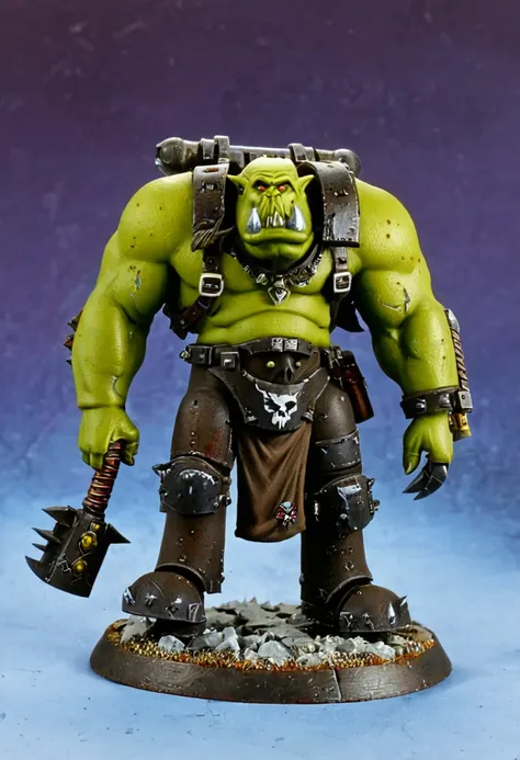 (painted warhammer 40k miniature:1.6), (warhammer40K_ork), ork warrior, ork, an ork, orc themed, bald orc mechanic, orc male, (heavy armour, rusty armour), warhammer 40k, warhammer model