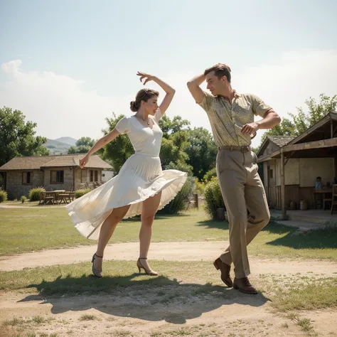 watercolor drawing in Retro-Look, rural saxones village, man and woman dance, full body shot, in the style of classic Americana, white background, Andrew Loomis style, Masterpiece work of art,