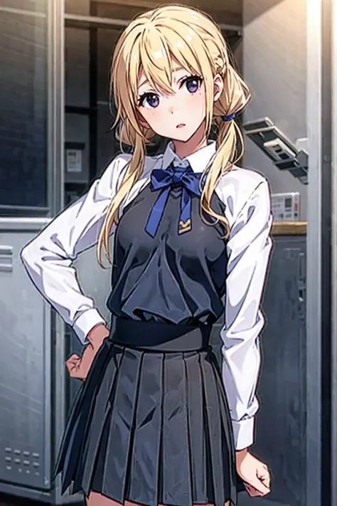 1girl,looking at viewer,school background,,small breasts,blonde,twintails,head tilt,high waist pleated skirt,