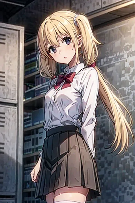 1girl,looking at viewer,school background,,small breasts,blonde,twintails,head tilt,high waist pleated skirt,